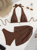 Sexy Coffee Bikinis Sets Women Hollow Out Mesh Cover Up 3 Piece Swimsuit Beach Push Up Beach Bathing Suit High Waist Swimwear