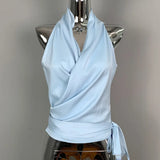 Women Blouses Slim Fit V-neck Lace Up Open Stitch Versatile Sleeveless Top For Female Chiffon Tops Summer Fashion PPAY