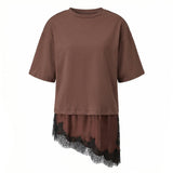 Women 3/4 Length Sleeve Crew Neck Casual Loose Fit Long Tops Summer Lace Patchwork Hem Solid Color T Shirts