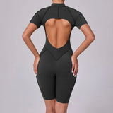 Summer Zipper Short Sleeve Yoga Jumpsuit Women Outerwear Sports Fitness Hip-lifting Backless One-piece Workout Gym Tracksutis