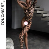Toucheart Sexy Lingerie Women's Jumpsuit Shiny Diamond Fishing Net One-sleeved Leg Jumpsuit Sexy Hollow Out See-through Jumpsuit