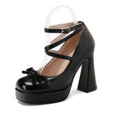 Big Size 45 Women's Sweet Pink Mary Jane 10.5cm High Heels Pumps Lolita Round Toe Bow Cross-Strap Platform Chunky Heel Shoes