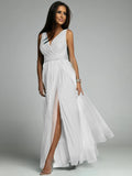 Elegant Solid Color Fine Sparkle Party Dresses Women Temperament V-neck Leace-up Mesh Slit Long Dress Evening Vestidos Female