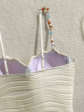 Vintage Beige Ribbed One Piece Swimsuit 2026 Women Beading Strap Underwire Tummy Control Swimwear Beach Holiday Bathing Suits