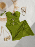 XS - L 6 Colors With Skirt Cut Out Women Swimwear Bandeau Metal Ring Bather Bathing Suit Swim One Piece Swimsuit Female K8108