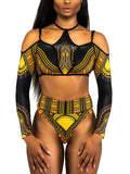 African Print Long Sleeve High Waist Bikini Women Swimsuit Female Swimwear Two Pieces Bikini Set Off Shoulder Bathing Suit Swim