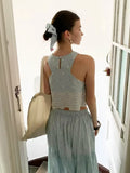 Sleeveless Top Skirt Two Pieces Matching Set for Women Light Blue Vintage Skirt Set French Style Embroidery Cotton Dress Set