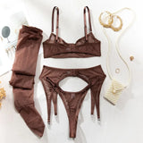 Toucheart Erotic Lingerie Comfortable Mesh Sexy Body Shaping Ultra-thin See-through Sexy Underwear Four-piece Set with Stockings