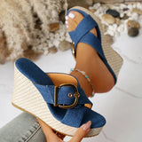 Denim Cross Stap Wedge Heeled Sandals Women Summer Peep Toe Chunky Heel Slippers Woman Plus Size 43 Slip On Platform Sandles