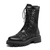 2026 New Big Size 45 Chic Black Lace Mesh Summer Boots Women Round Toe Square Heels Shoelace Zip-up Mid-calf Boots Shoes