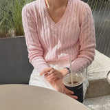 Phantasy Retro Solid Color Sweater Winter Women's V-Neck Casual Simple Loose Knit Sweater Trendy Spring Autumn Winter Sweater