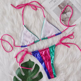 Splicing PU Leather Mini Micro Thong Bikini Women Swimsuit Female Swimwear Three-pieces Bikini Set Halter Bathing Suit Swim Lady