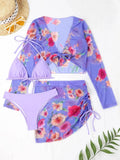 2026 Summer Women's 4 Pieces Suit Swimwear Neck Lace-up Bikini Set+crop Top+skirts Floral Print Gauze Swimsuit Beachwear Biquini