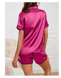 Women's Pajama Lounge Set Summer Heart Embroidered Pocket Patched Short Sleeve Shirt & Shorts Pajamas 2 Piece Set Pyjama Femme