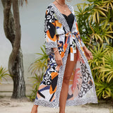 13 Colors Printed With Belt Crochet Knitted Tunic Beach Cover Up Cover-ups Beach Dress Beach Wear Beachwear Female Women K7201