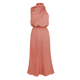 Foridol One Shoulder Turtleneck Tank Satin Women Party Dress Robe Zip Sleeveless Elegant Vintage Folds Women Clothing 2025