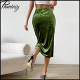 Elegant Split Velvet Skirt Commute Green A-line Mid-Calf Skirt for Lady Women's Autumn Winter Outfit Night Out Streetwear
