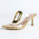 Fashionable High-heeled Sandals with Metal Square Buckles, Open-toe, Round-top, Slim and High-heeled Women's Summer Outerwear.