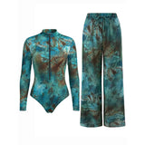 Vintage Blue Tie Dye SPF Pants Swimwear Sets Women Long Sleeve Front Zipper Slim Sun Protection Holiday One-piece Swimsuit 2026