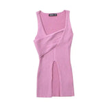 Stylish Cross-over Irregular Neckline Sleeveless Knitted Vest For Women Niche Sexy Slit Slim-fit Top CasualPure Desire 0FY1
