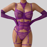 Toucheart Sexy Lingerie Suit for Women Lace Patchwork Halter Bra Set Solid Color Sexy Mesh See-through Garters Underwear Set New
