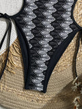 Sexy Black Stripe One Piece Swimsuit 2026 Women V Neck Hollow Out Backless Tie Side Thong Bikini Holiday Bathing Suit Swimwear