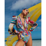 One Piece Swimsuit Sexy Long Sleeve Tropical Print Swimwear Women Bandage Monokini Hollow Out Bathing Suit String Beachwear 2023
