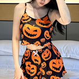 Sexy Halloween Pajamas Pumpkin Print Pajama Sets Suspender 2-piece Sleepwear Set Women's Pajamas European and American Home Wear