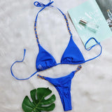 5 Colors Sexy Bikini Women Solid Swimwear Swimsuit Metal Chain Weave Straps Bikinis Set Bathing Suit Beach Bikini Female Thong