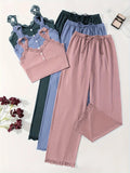 Women Ribbed Pajama Set Lace Trim Cami Top and Pants Sleepwear Soft Breathable Button Front Loungewear