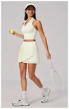 Women's Tracksuit Yoga Set 2 Pieces High Waist Pleate Pocket Skort Fitness Suit Turn Down Collar V Neck Slim Tank Top Sporstwear
