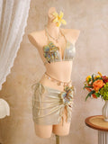 Sexy Beige 3D Flowers Embroidered Bikini Set 2026 Women Drawstring Cover Up 3 Piece Swimsuit Beach Bathing Suit Holiday Swimwear