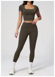 2PC Color Contrast Yoga Suit Women Short Sleeve Square Collar Slim Sports Top Fitness Suits Outdoor Exercise Leggings Tracksuit
