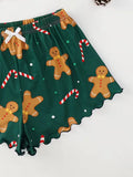 Christmas Clothes Cute Soft Gingerbread Print 2 Pieces Pajama Set Women's Sleepwear Crop Tops and Shorts Sets Loungewear