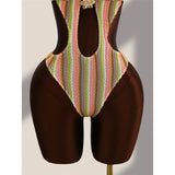 Striped Colorful Halter Cut Out One Piece Swimsuit Women Swimwear Female Monokini High Leg Cut Bather Bathing Suit Swim V8304
