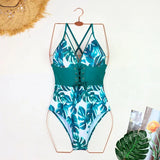 Sexy One Piece Swimsuit Swimwear Women Leaf Print Patchwork Hollow Cross Straps Backless Beachwear Bathing Suit Banadores Mujer