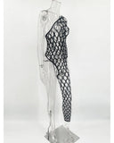Toucheart Sexy Lingerie Women's Jumpsuit Shiny Diamond Fishing Net One-sleeved Leg Jumpsuit Sexy Hollow Out See-through Jumpsuit