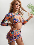 Long Sleeve Printed Halter Bikini Female Swimsuit Women Swimwear Four-pieces Bikini Set with Mesh Skirt Bathing Suit Beach Wear