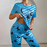 Women's Home Clothes Suit Heart Print Pajamas Set Soft Comfortable Crew Neck Tops & Pants Pyjama Femme Sleepwear for All Seasons