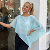 Women Loose Boat Neck Irregular Coverup Tops Casual See Through Shrug Solid Color Sheer Mesh Poncho