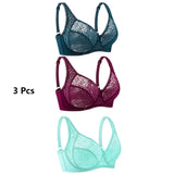 3 Pcs Womens Bras Ultra-Thin Perspective Lace Sheer Plus Size Bra Underwire Sexy Underwear Lingerie BH Tops D E F Cup