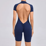 Padded Backless Yoga Cycling jumpsuit  Women Zipper GYM Sportswear Fitness One Piece Sports Suit V Back Workout Playsuit