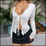 Y2K Spice Girls Style Long-Sleeve T-Shirt Lace-Up Sheer V-neck Sweet girl Top Spring Summer Vacation Beach Female Dress up