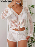 V Neck Long Sleeve Hollow Out Crochet Knitted Tunic Beach Dress Beach Wear Beachwear Beach Cover Up Cover-upsFemale Women V7192
