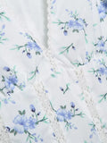 Foridol Blue Flower Print Women Tiered Mini Aummer Autumn Beach Dress Puff Sleeve Vintage Party Cotton Short Boho Lace Dress