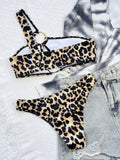 2026 New Sexy Bikini Women Push Up Leopard Hollow Single Shoulder Metal Circles Swimwear Swimsuit Beach Bikinis Set Bathing Suit