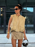Foridol Padded Beige Waistcoat Folds Winter Sleeveless Vest Coat Turtleneck Pockets Zipper Autumn Thick Warm Parka Jacket