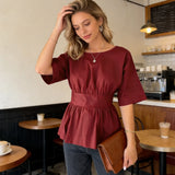 Women’s Summer Solid Color Short Sleeve Peplum Top Wide Cinched Waist Pleated Casual Crew Neck Slim Fit Tunic T-shirts