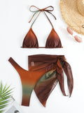 sexy tie dye print halter bikinis sets 3pcs with cover mesh skirt thong swimsuit bathing suit beach outfits biquini tankini