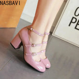 NASBAVI Spring Women Pumps Thick Block High Heel Patent Leather Round Toe Autumn Office Dress Party Bridal Red Lady Shoes 34-43